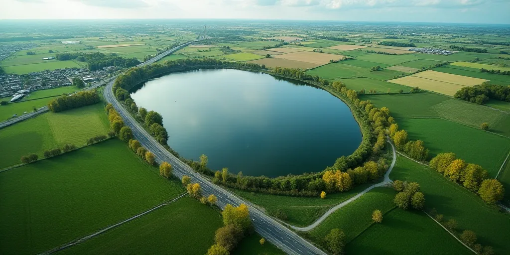 a large body of water surrounded by lush green fields and a highway that runs through it's center, A