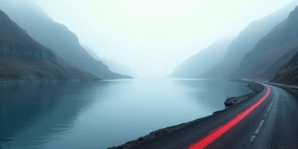 a large body of water surrounded by mountains and a road with a red line on it's side, Christo, wate