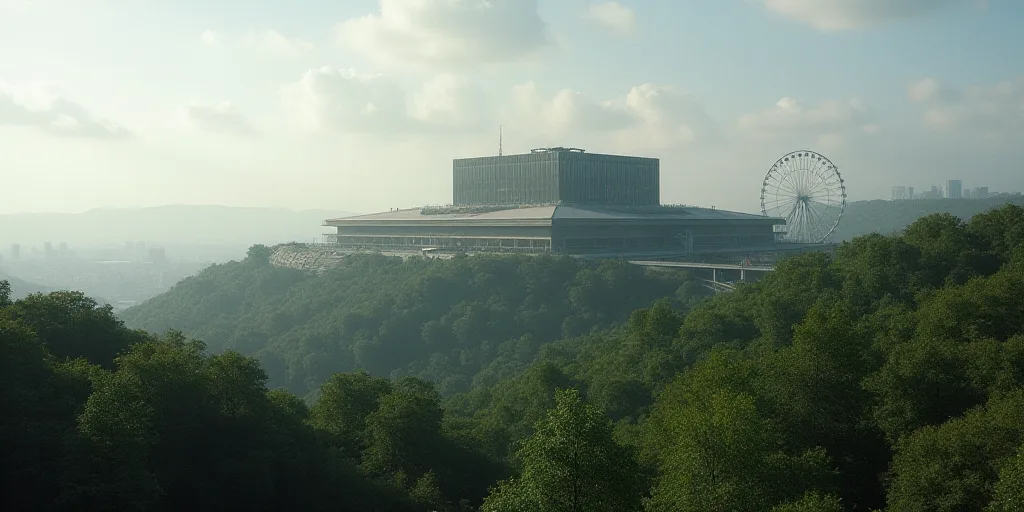 a large building on top of a hill surrounded by trees and a ferris wheel in the distance with a ferr