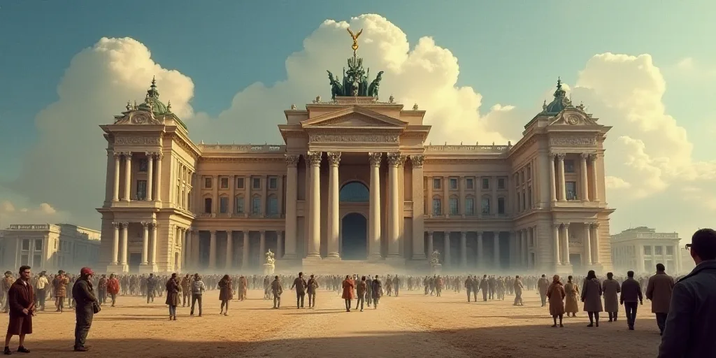 a large building with a bunch of people standing around it and a bunch of people standing around it