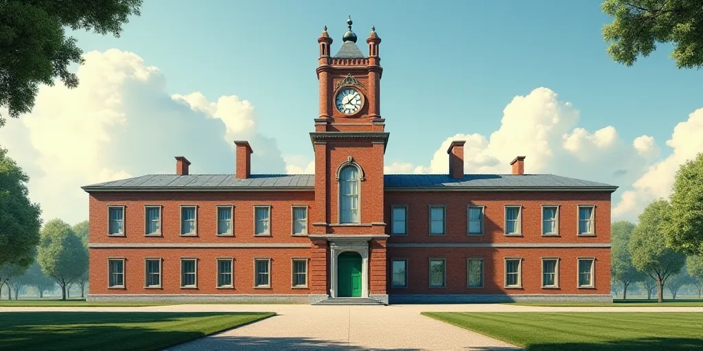 a large building with a clock tower on top of it's side and a green door on the front, Bourgeois, es