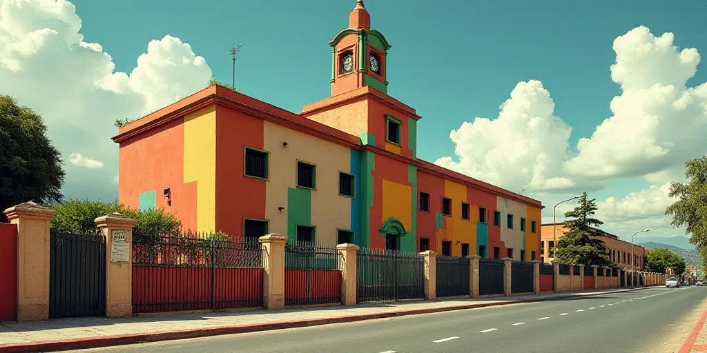a large building with a clock tower on top of it's side walk next to a fence and a street, David Alf