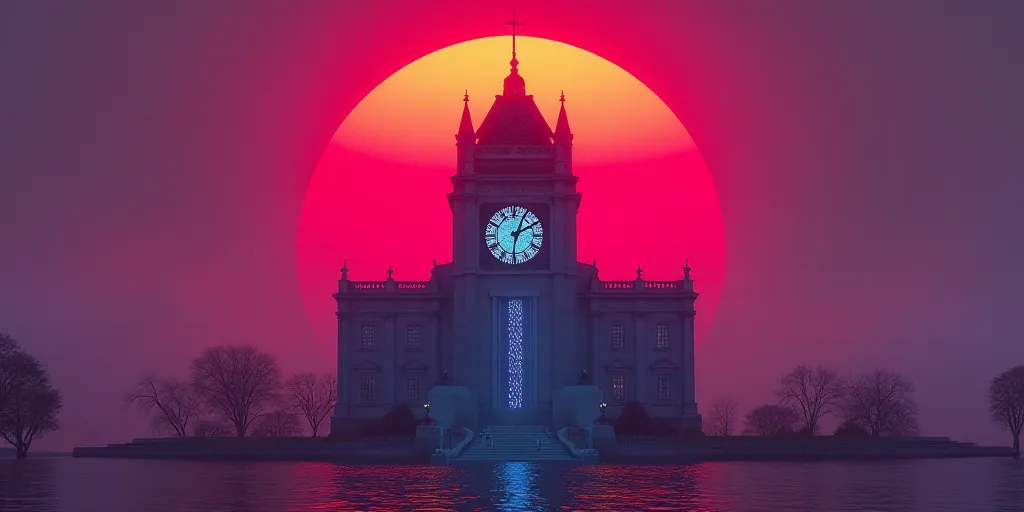 a large building with a clock on it's side and a red sky behind it with a purple background, Altichi