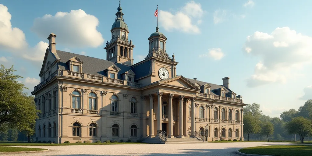 a large building with a clock tower on top of it's side and a clock on the top of the building, Bour
