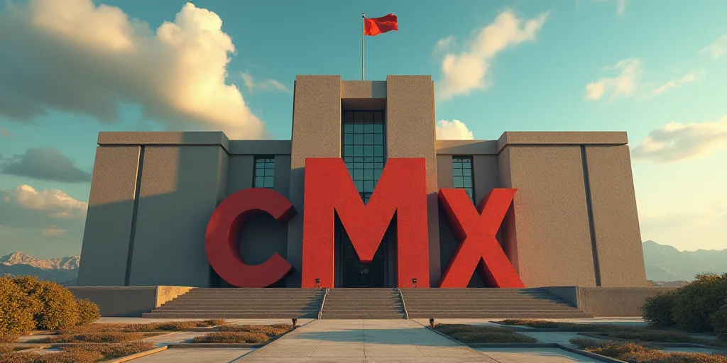 a large building with a flag and a large sign in front of it that says cmx in front of a large build