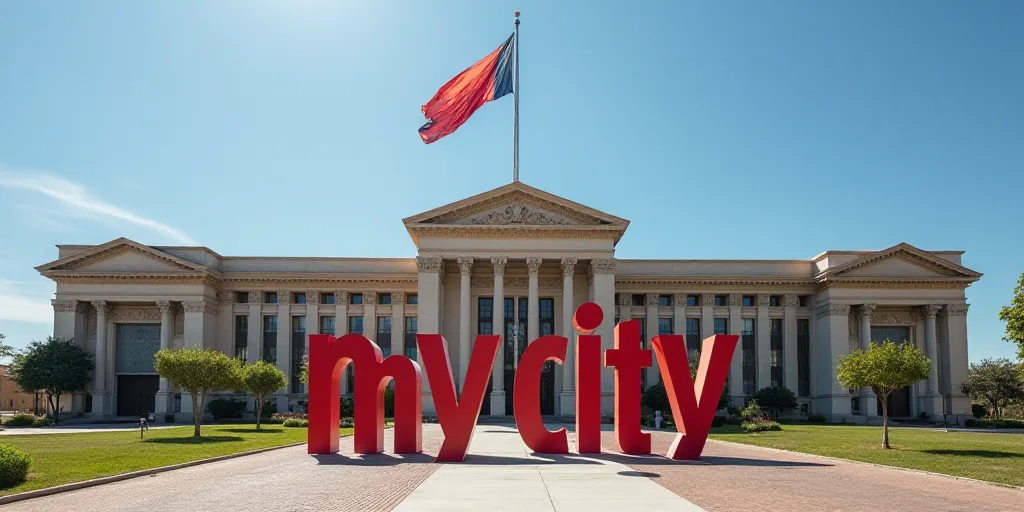 a large building with a flag and a large sign in front of it that says, my city, in front of a flag