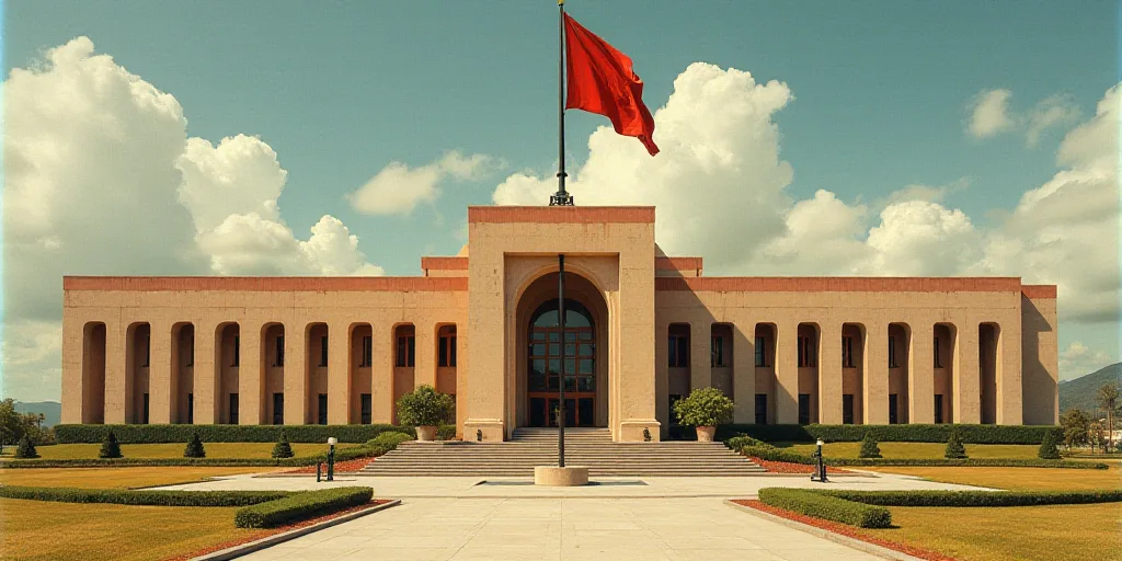 a large building with a flag flying in front of it and a flag pole in the middle of the building, Da