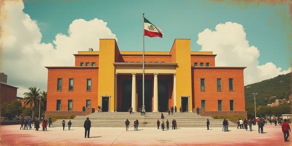 a large building with a flag flying in front of it and people walking around it in the plaza of a ci
