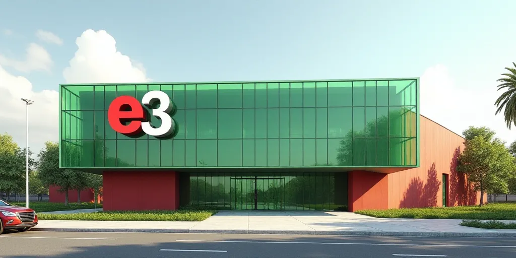 a large building with a green glass front and a red and white sign in front of it that says e3, Carl
