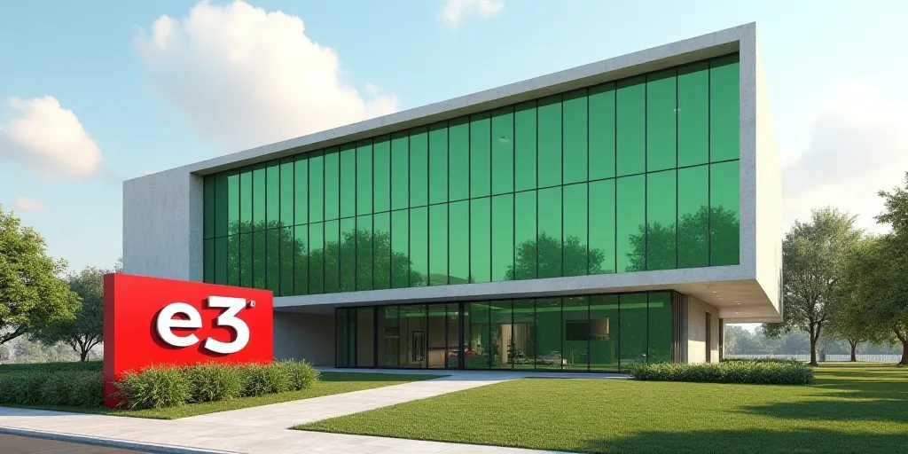 a large building with a green glass front and a red and white sign in front of it that says e3, Carl