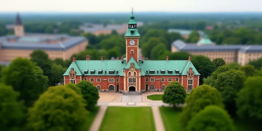 a large building with a green roof surrounded by trees and buildings in the background with a clock
