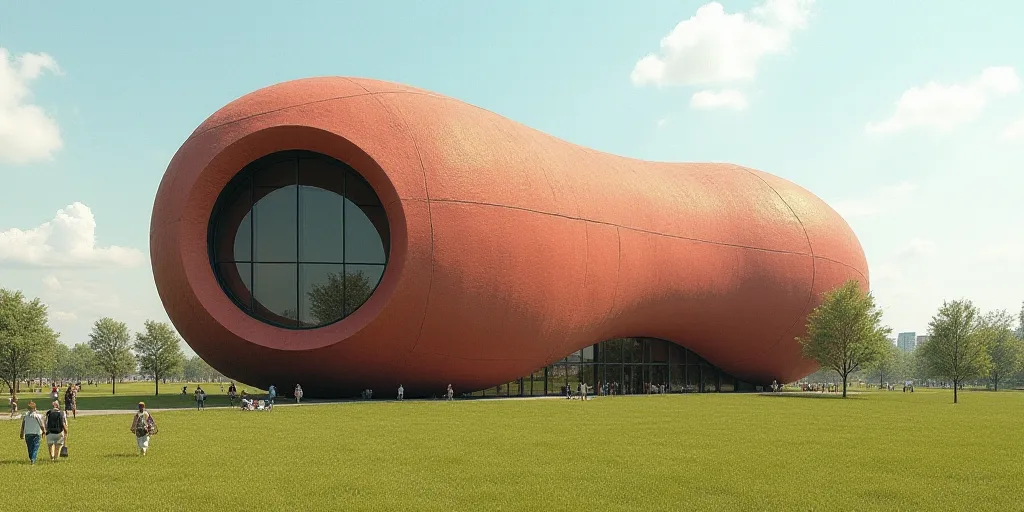 a large building with a large circular window on the side of it's face and a grassy area in front of