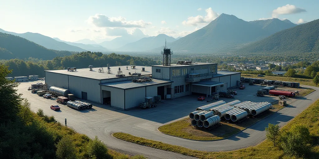 a large building with a lot of pipes and pipes in it's yard and mountains in the background, Enguerr