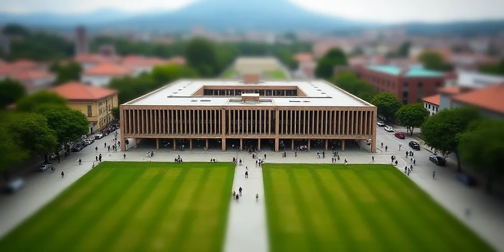 a large building with a lot of windows and a lot of grass in front of it and a lot of people walking