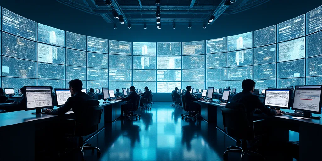 a large building with a lot of monitors on the wall and people working on computers on the floor in