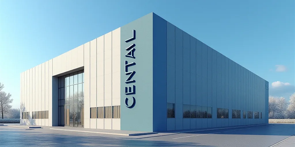 a large building with a sign on the side of it that says central on the side of it is a blue sky, Av