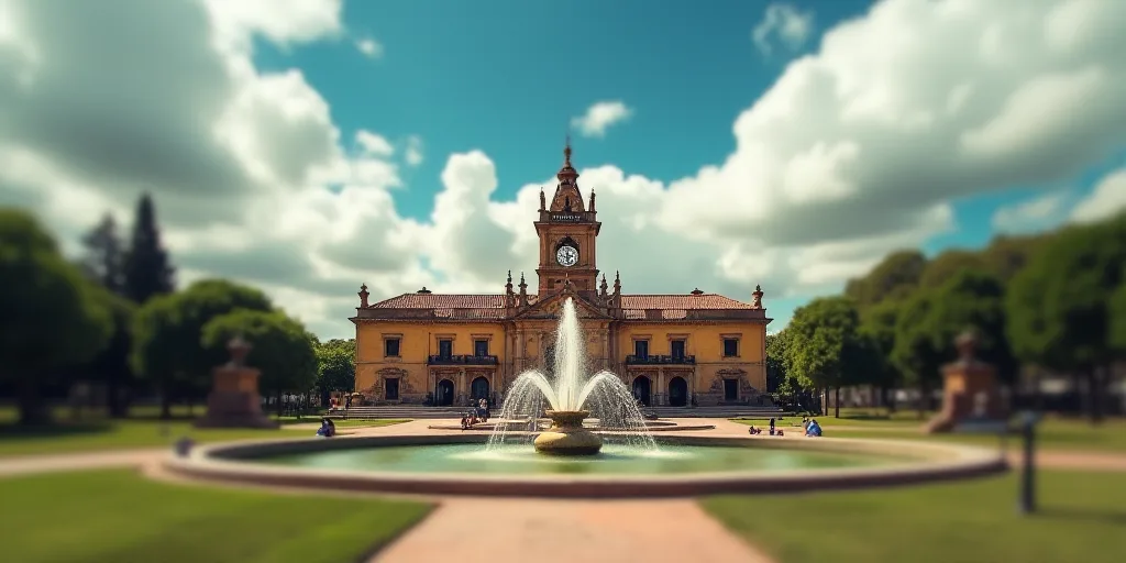 a large building with a tower and a fountain in front of it with a sky background and clouds in the