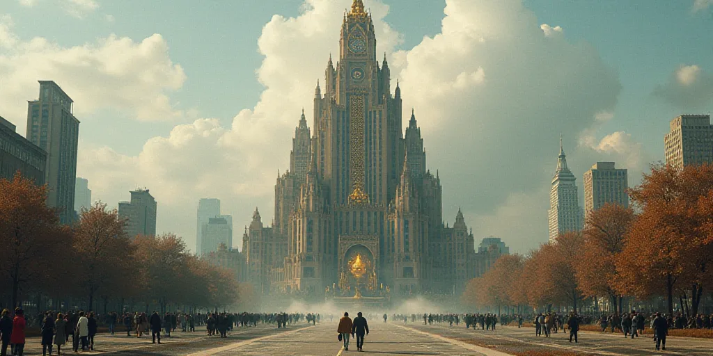 a large building with a tower and a clock on top of it in a city with people standing around, Bracha