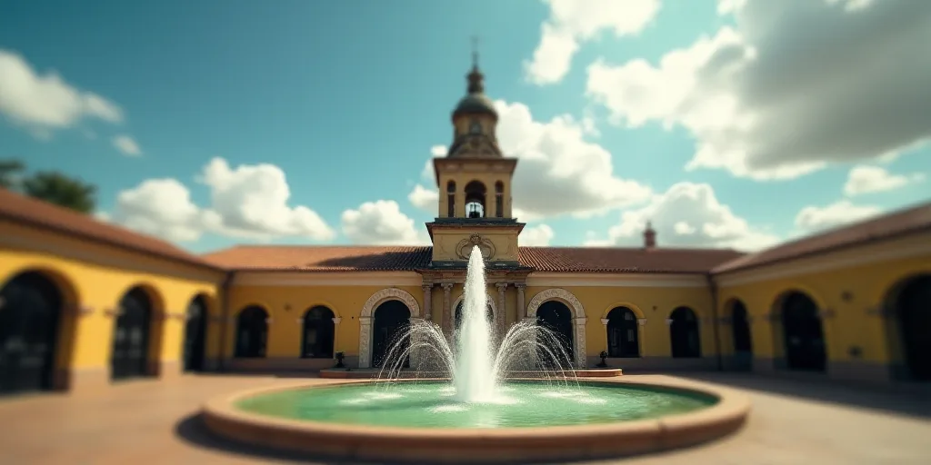 a large building with a tower and a fountain in front of it with a sky background and clouds in the