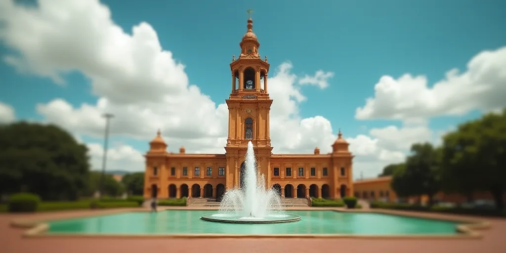 a large building with a tower and a fountain in front of it with a sky background and clouds in the