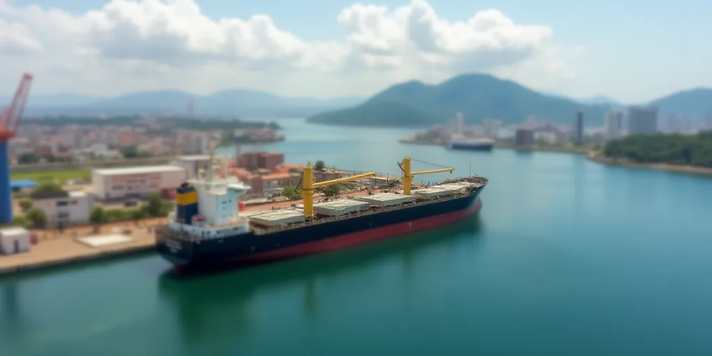 a large cargo ship docked at a port with a city in the background and a large body of water, Almada