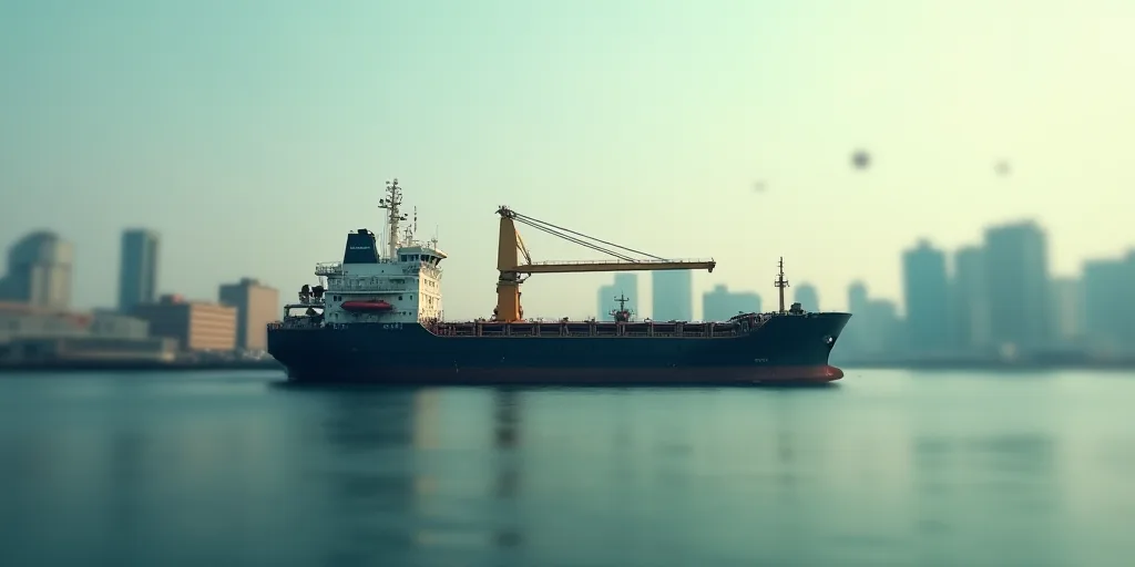 a large cargo ship in a harbor with a crane on top of it and a city in the background, Andreas Gursk