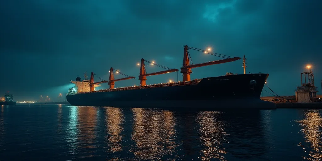 a large cargo ship in a harbor at night time with cranes on the side of it and a crane on the side o