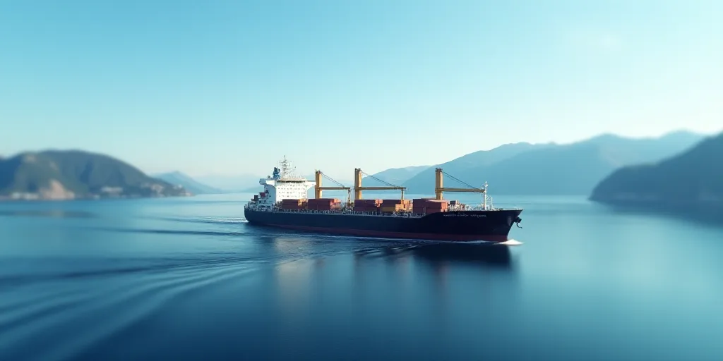 a large cargo ship in a large body of water with mountains in the background and a blue sky above, E