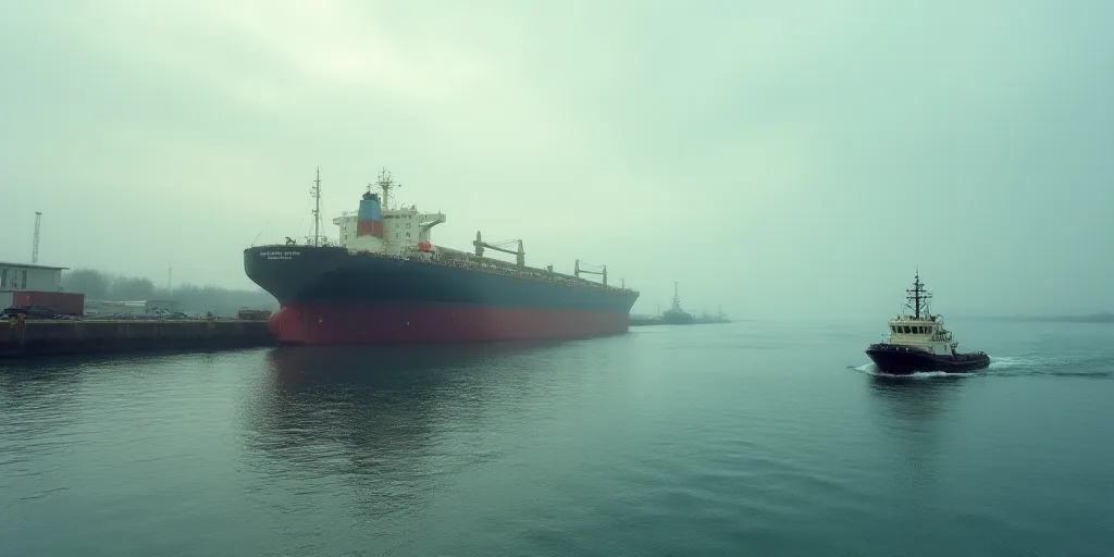 a large cargo ship in a large body of water next to a dock with a tug boat in the water, Eduardo Lef