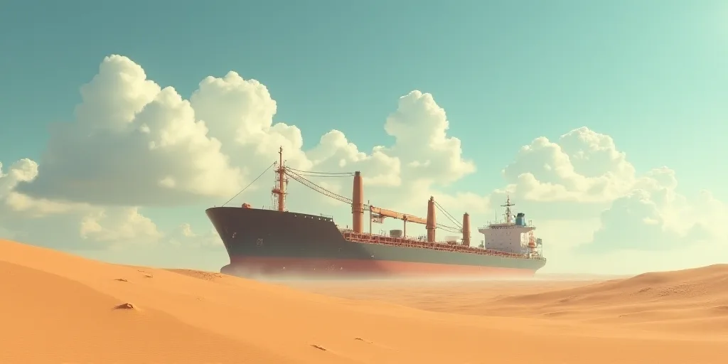a large cargo ship in the middle of a desert area with clouds in the sky above it and a few sand dun