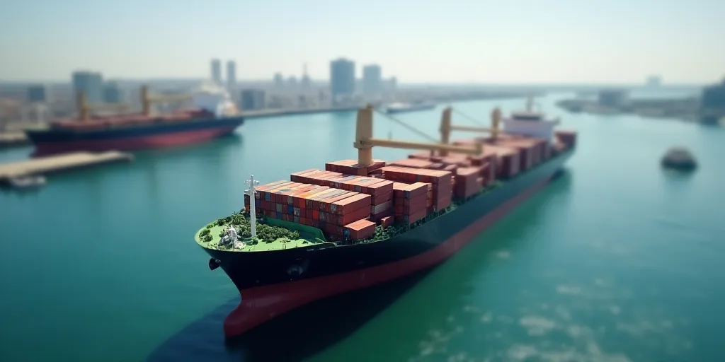 a large cargo ship is docked in a harbor with other ships in the background and a city in the distan
