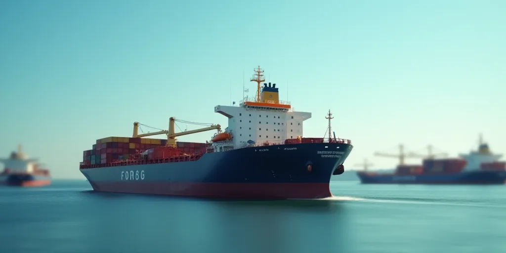 a large cargo ship is docked in the water with other ships in the background and a blue sky above, E