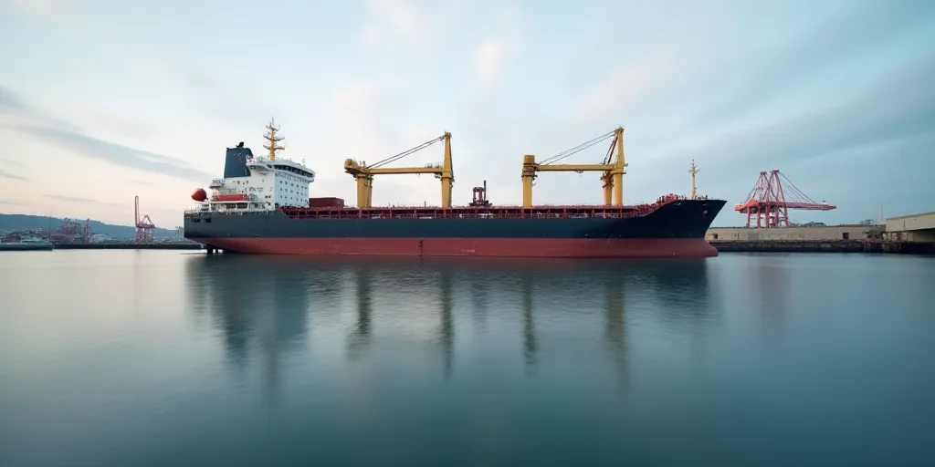 a large cargo ship with a crane on top of it's hulls in the water near a dock, Andries Stock, symmet