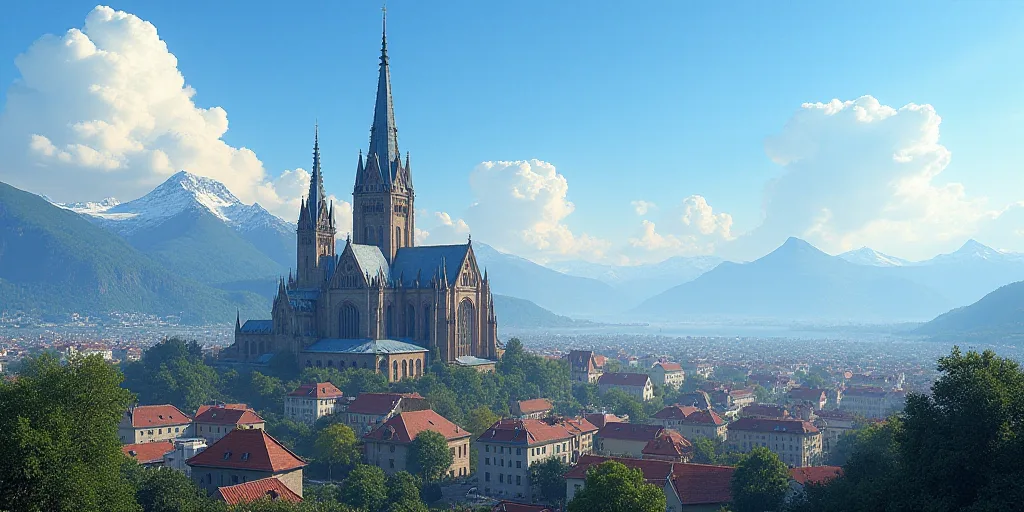 a large cathedral in a city with mountains in the background and a blue sky in the foreground with a