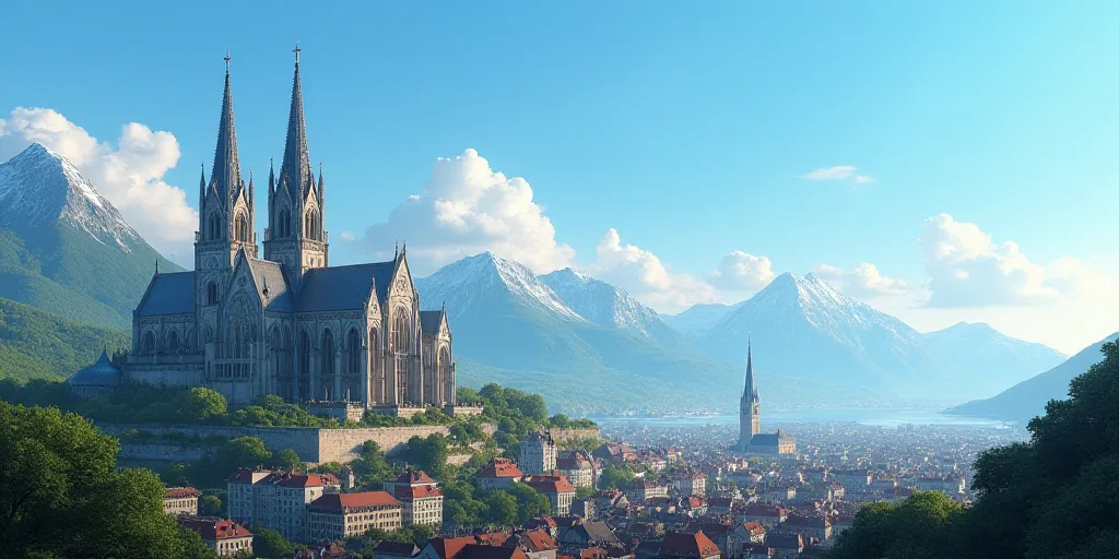 a large cathedral in a city with mountains in the background and a blue sky in the foreground with a