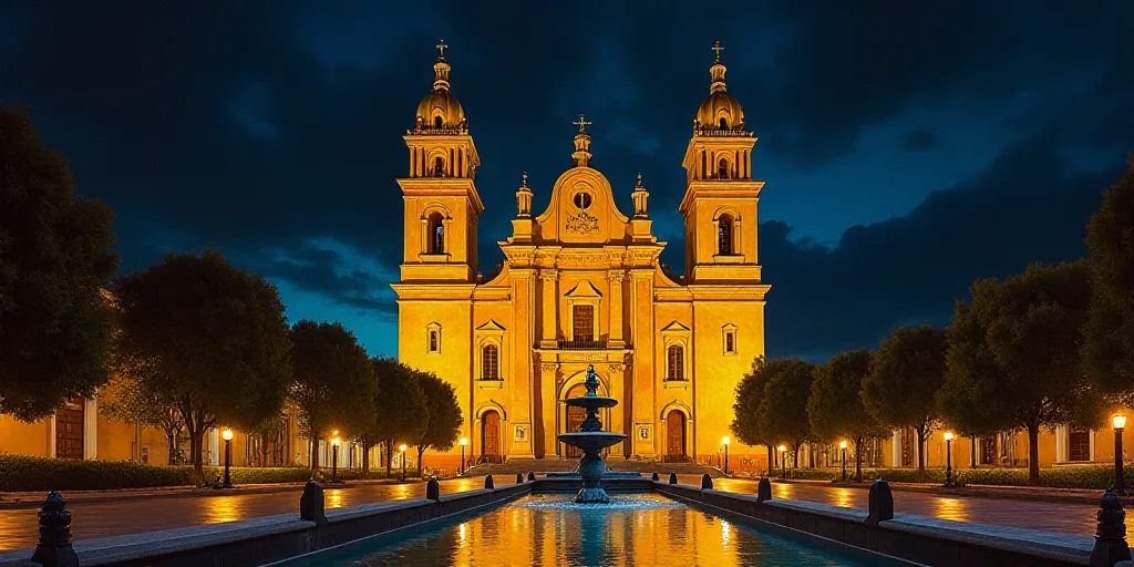 a large cathedral lit up at night with a fountain in front of it and a fountain in front of it, Davi