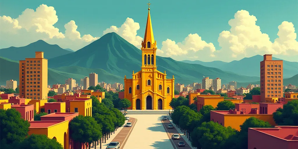 a large cathedral with a yellow steeple in the middle of a city with tall buildings and a mountain i