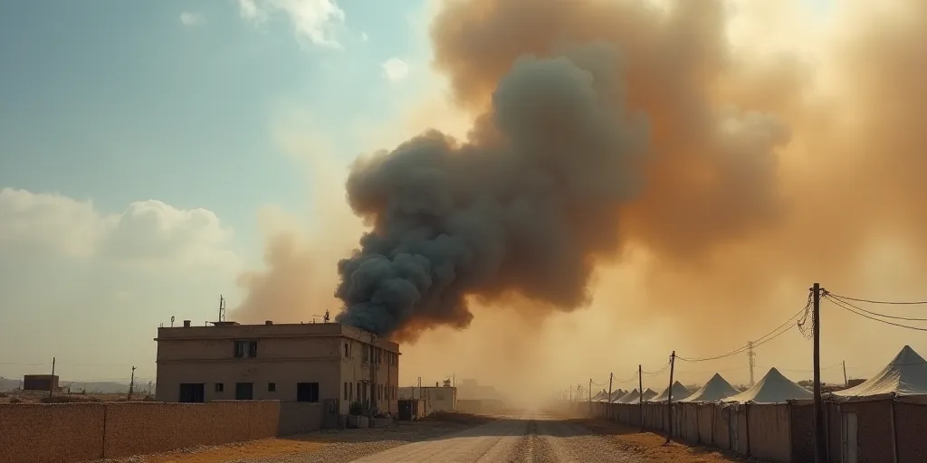 a large cloud of smoke is billowing out of a building in a town with tents and tents in the backgrou
