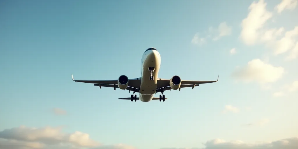 a large commercial airplane flying in the sky with its landing gear down and landing gear down on th