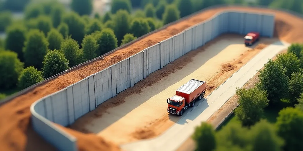 a large construction area with a large wall and a road next to it and a truck parked on the side of