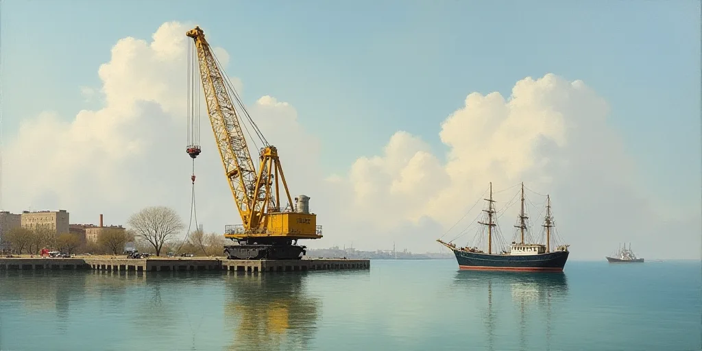 a large crane is on the water near a pier with a boat in the background and a crane on the water, Ba