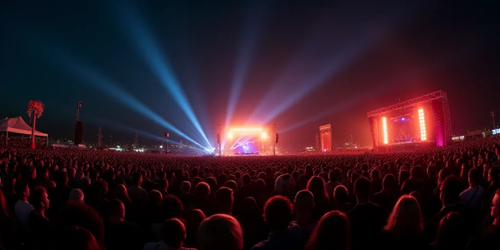 a large crowd of people at a concert in the dark with a tent in the background and lights on, Edi Ra