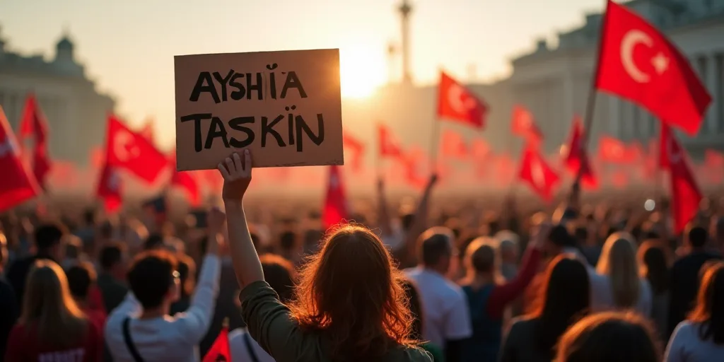 a large crowd of people holding flags and signs in the air with a woman holding a sign that says,, A