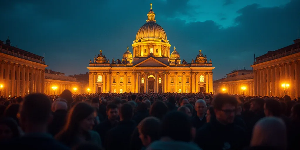 a large crowd of people standing in front of a building at night time with a lit up dome in the back