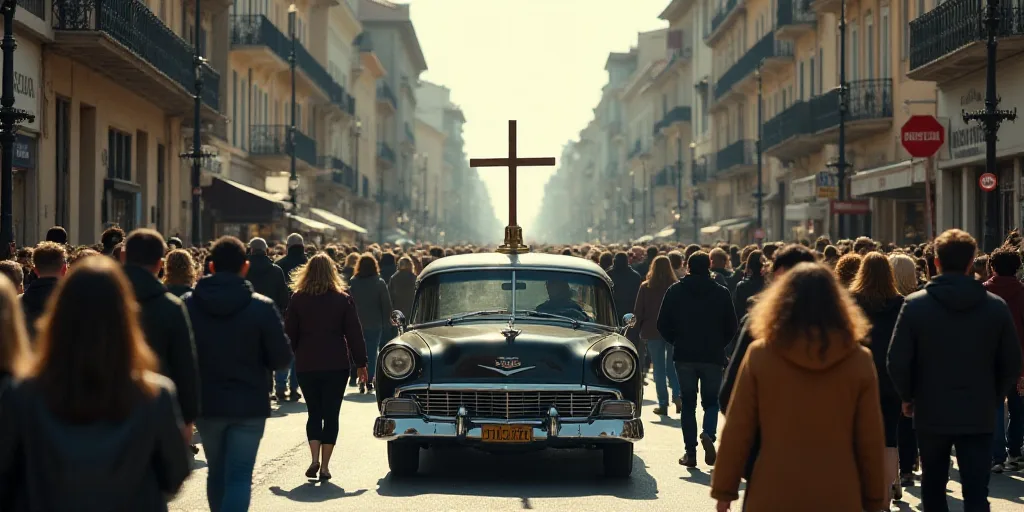 a large crowd of people walking down a street with a car in the middle of the street and a cross on