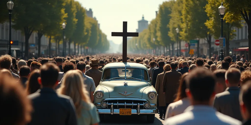 a large crowd of people walking down a street with a car in the middle of the street and a cross on