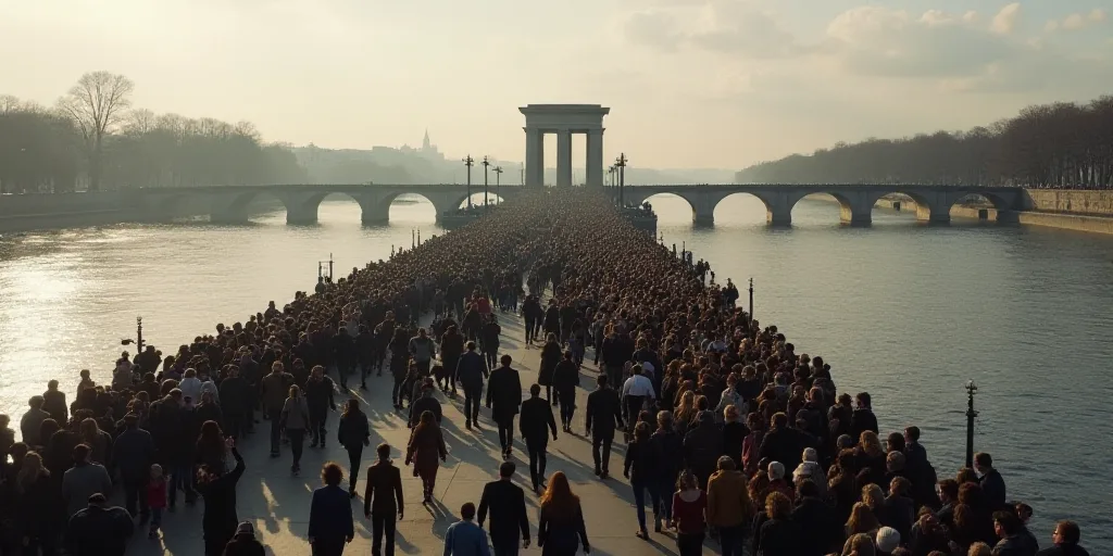 a large crowd of people walking across a bridge over water with a stage in the middle of the bridge,