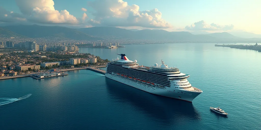 a large cruise ship docked in a harbor next to a city and a body of water with a boat in the water,