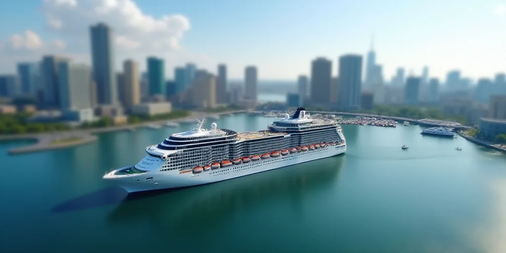 a large cruise ship in a large body of water near a city with tall buildings and a dock with boats,