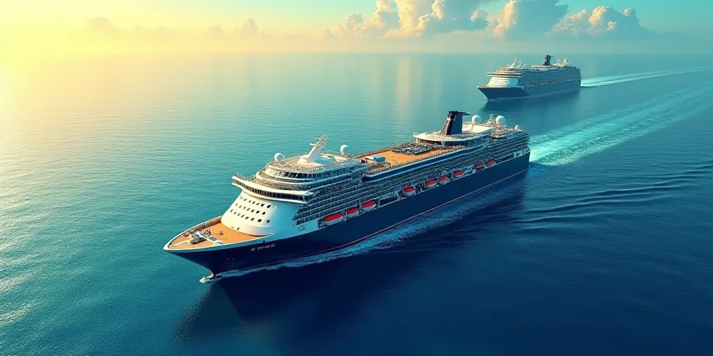 a large cruise ship in the ocean with a satellite above it and a smaller ship in the background with